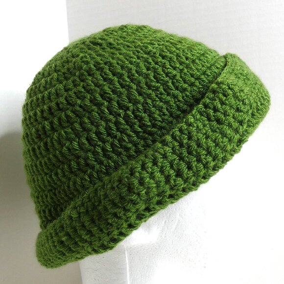 Dark Green Bucket Hat OS Handmade Crochet Hand Knit Roll Up Beanie Spring Garden - Picture 6 of 9